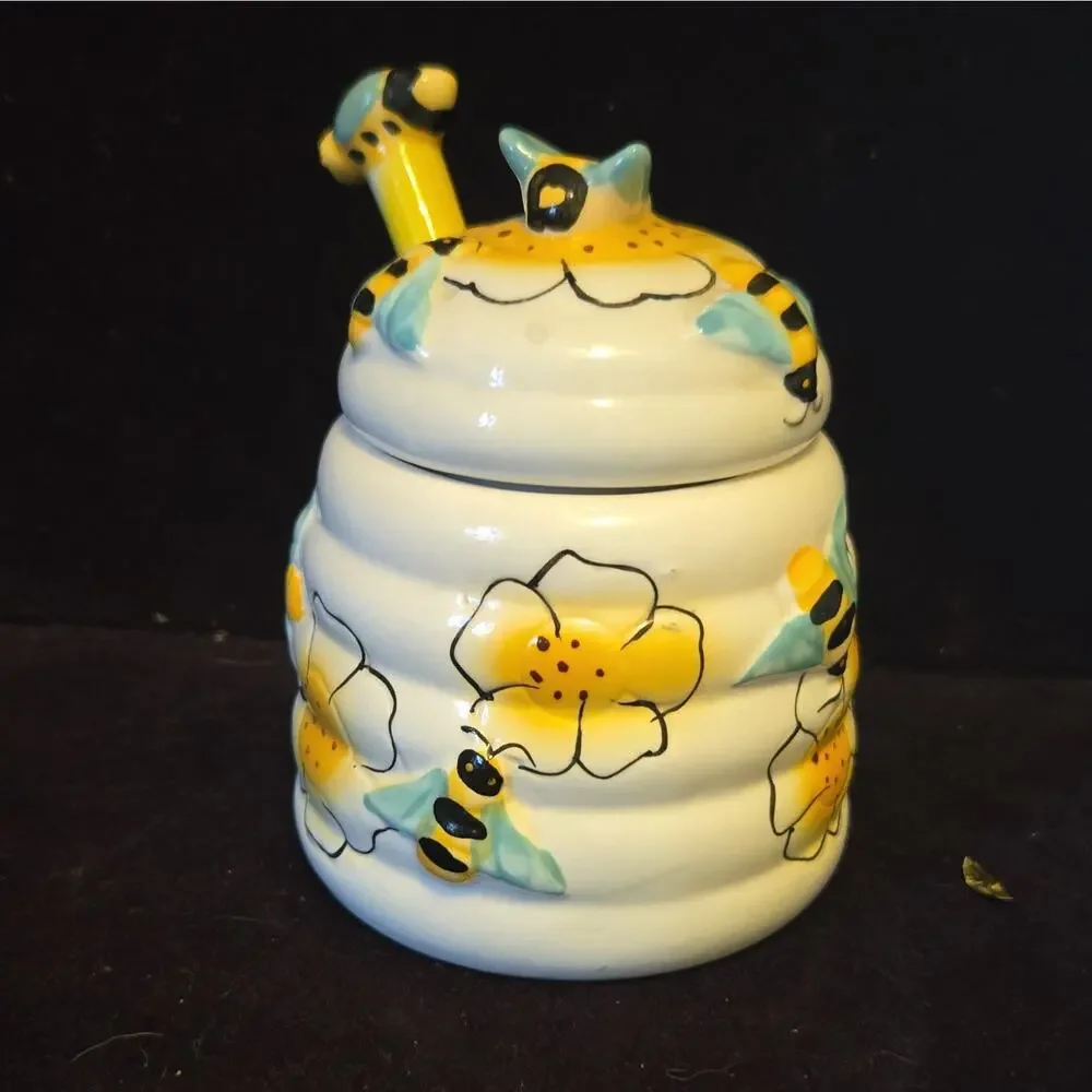 Ceramic Bee Floral Honey Pot & Dispenser w/ Lid Dipper Round 5.5